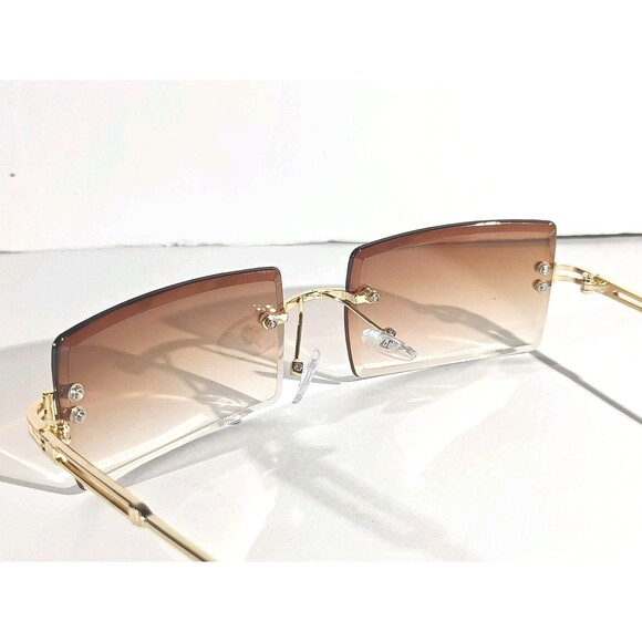 Rimless Square Sunglasses Brown Tint Unisex Metal Frame - Picture 8 of 9